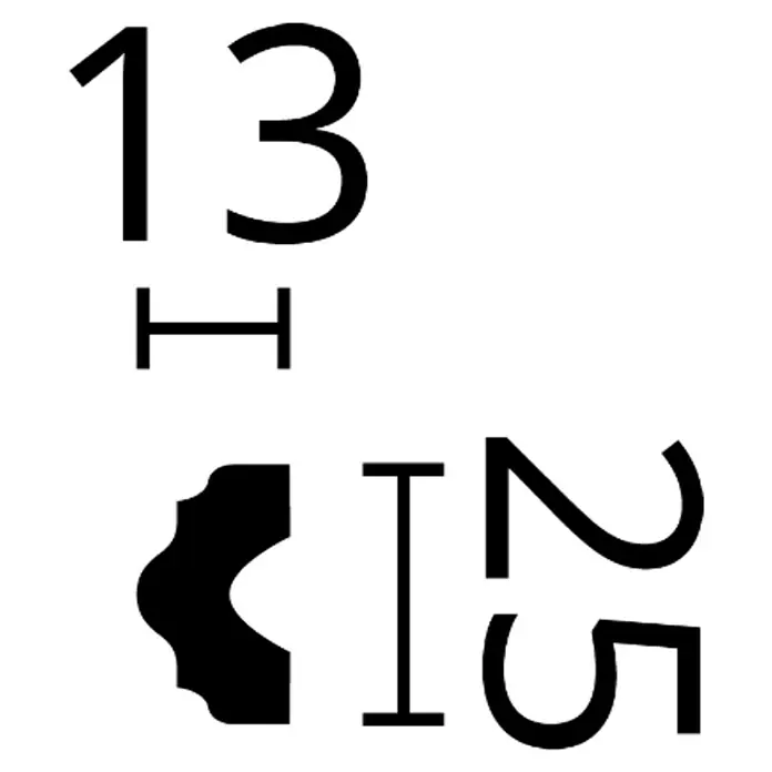 Nmc Decoflair Zierprofil-Set Rahmenset CL2 - 2 x 39 cm, 2 x 59 cm, Hochverdichtetes extrudiertes Polymer (HDPS) - Abbildung eines schwarzen Quadrats mit den Zahlen 13 und 25, einem Zahnrad und einem "H" darauf.