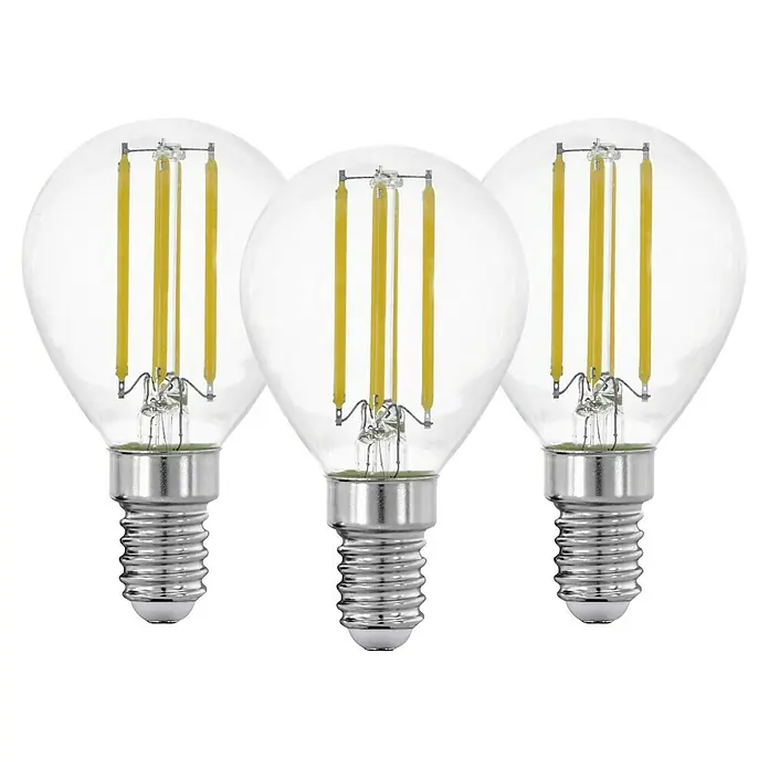 Eglo LED-Lampen Set - E14, Nicht Dimmbar, Warmweiß, 806 lm, 7 W, 3 Stk. - Nahaufnahme von drei G45 LED-Filamentlampen mit E14-Sockel vor einem neutralen Hintergrund. Energieeffiziente Beleuchtung für Ihr Zuhause.