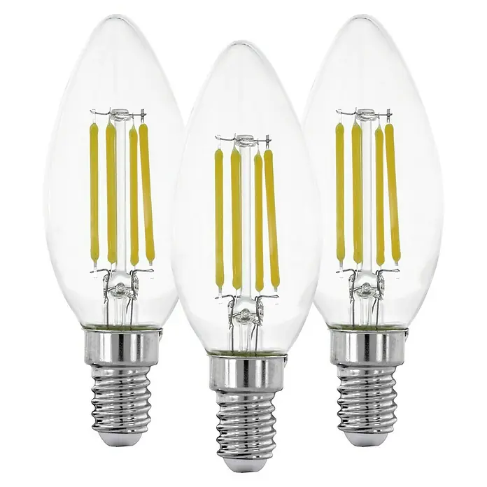 Eglo LED-Lampen Set 3er Set - E14, Nicht Dimmbar, Warmweiß, 806 lm, 7 W, 3 Stk., Kerze - Drei LED-Filamentlampen in Kerzenform mit klarem Glas und E14-Sockel auf schwarzem Hintergrund.