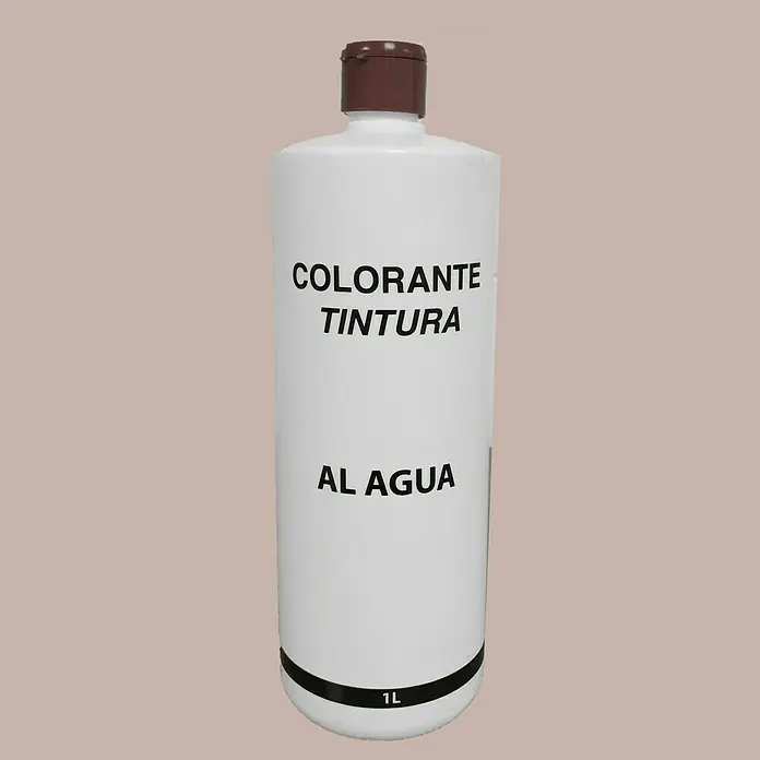 Colorante al agua - Pardo, 1 l - Una botella blanca con la etiqueta "Colorante Tintura Al Agua 1L" con un tapón marrón, indicando un producto de tinte a base de agua.