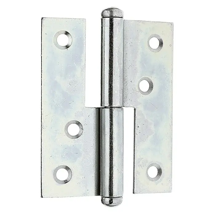 Stabilit Aushebescharnier - B x H: 65 x 80 mm, Stärke: 1,8 mm, Verzinkt, Rechts - Nahaufnahme eines silberfarbenen Türbands mit Löchern zur Befestigung. Robuste Konstruktion für zuverlässige Türbefestigung.