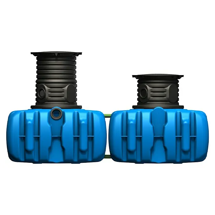 4rain Flachtank Komplettpaket Garten Comfort Flat XL - 14.000 l - Darstellung eines blauen Regenwassertanks mit schwarzem Schachtaufbau. Ideal für die Gartenbewässerung und Regenwassernutzung.