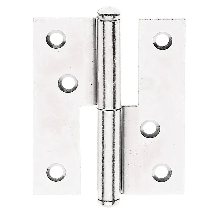 Stabilit Aushebescharnier - B x H: 65 x 80 mm, Stärke: 1,8 mm, Verzinkt, Links - Nahaufnahme eines silberfarbenen Türscharniers mit Befestigungslöchern auf schwarzem Hintergrund.