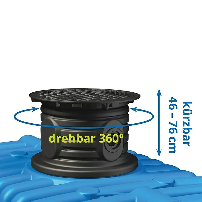 4rain Flachtank Komplettpaket FLAT XL Premium Haus - 14.000 l - Abbildung eines drehbaren, schwarzen Kunststoff-Aufsatzstücks, das von 46–76 cm kürzbar ist und auf einem blauen Behälter montiert ist.