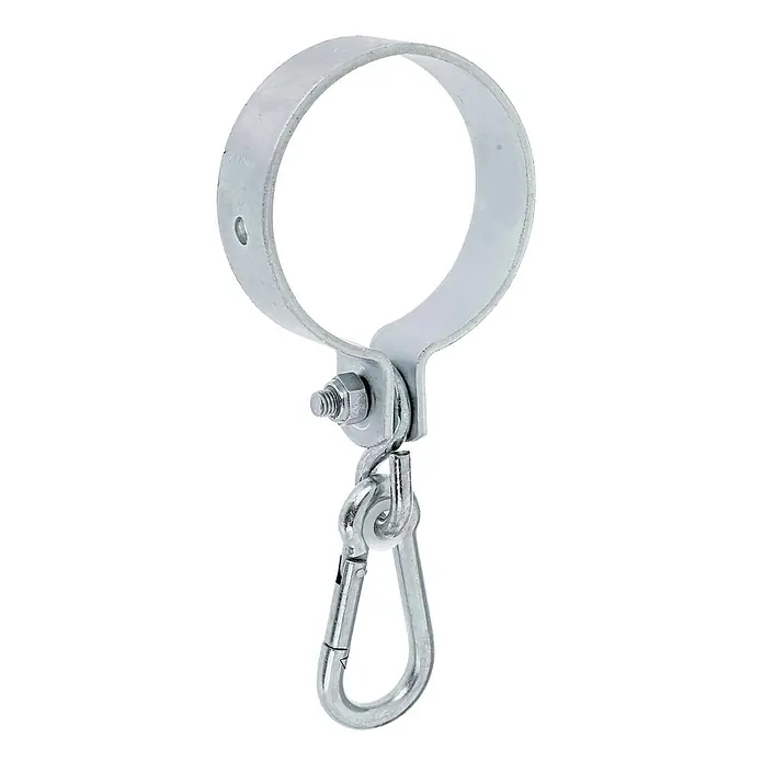Stabilit Sujeción para columpios - Diámetro: 100 mm, Específico para: Postes de columpio redondos - Un robusto juego de abrazadera para tubos con mosquetón, ideal para suspensiones y fijaciones en áreas exteriores. Color plateado y estable.