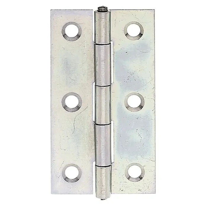Stabilit Scharnier - L x B: 60 x 34 mm, Silber, Verzinkt - Nahaufnahme eines silbernen Türscharniers mit sichtbaren Befestigungslöchern und Stift, ideal für Möbel- und Bauprojekte.