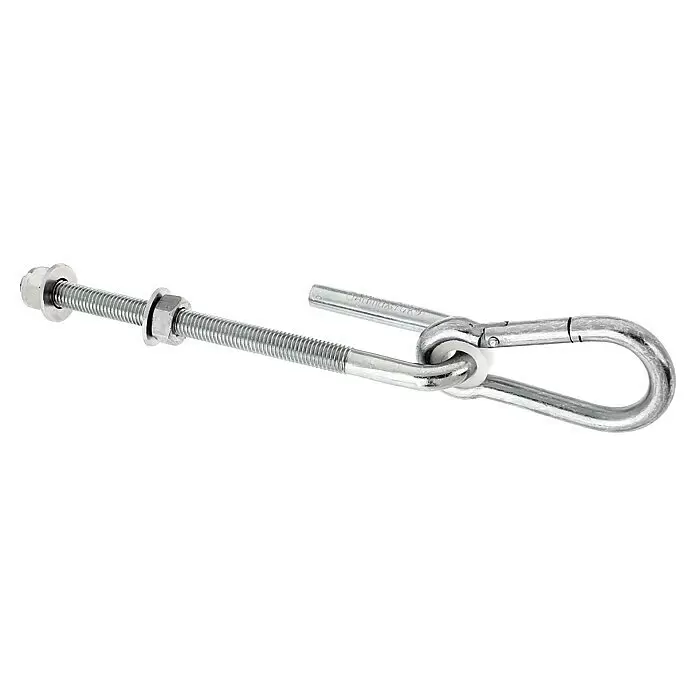 Stabilit Sujeción para columpios - Largo: 200 mm, Carga soportada: 70 kg - Perno galvanizado con tuercas y arandelas, unido a un gancho metálico resistente para sujeción o suspensión segura.