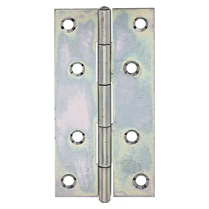 Stabilit ScharnierB x H: 49 x 100 mm, Verzinkt - Nahaufnahme eines silberfarbenen Türscharniers mit vier Löchern auf jeder Seite und einem Stift in der Mitte zur Befestigung der Tür.