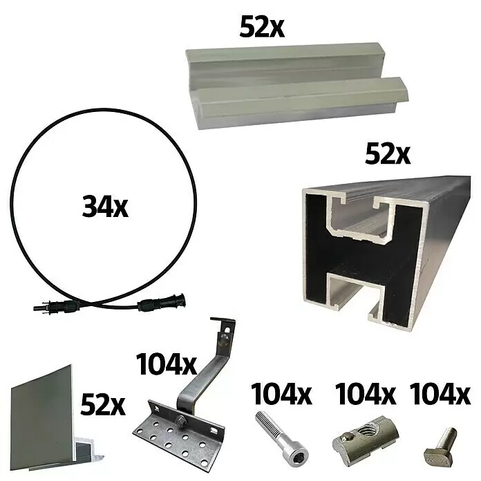 Absaar Befestigungs-Set - 606 -tlg., Passend für: 26 Solarmodule - Solaranlagen-Montageset: Metallschienen, Klemmen, Dachhaken, Befestigungselemente und schwarze Verlängerungskabel.