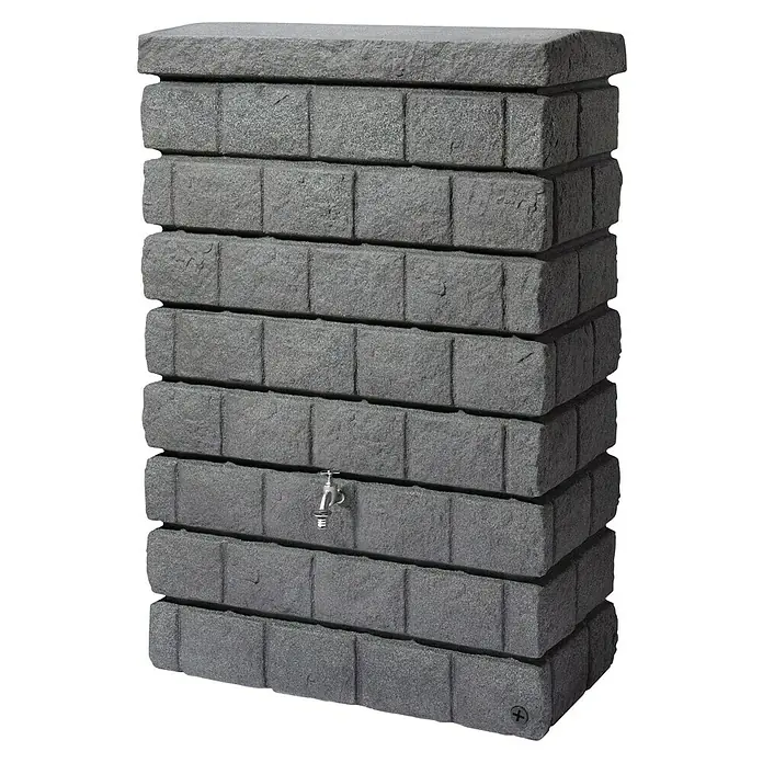 Garantia Exklusive Line Regenspeicher Rocky Junior - 300 l, Dark Granit - Grauer Regenwassertank in Steinoptik mit einem Wasserhahn zur Gartenbewässerung oder als Wasserspeicher.