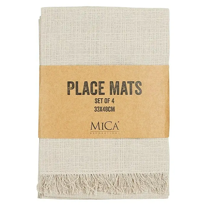 Tisch-Set Villia - 4 Stk., Beige, 48 x 33 cm - Ein Packung Leinen-Tischsets von Mica Decorations. Das Set enthält vier Tischsets in den Maßen 33x48cm und hat eine dekorative Fransenborte.