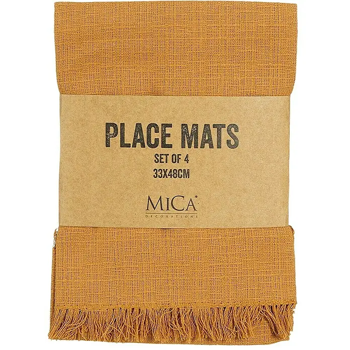 Tisch-Set Villia - 4 Stk., Ocker, 48 x 33 cm - Set aus vier gelben Tischsets, 33 x 48 cm, aus natürlichem Material mit Fransen. Ideal für eine warme Tischdekoration.