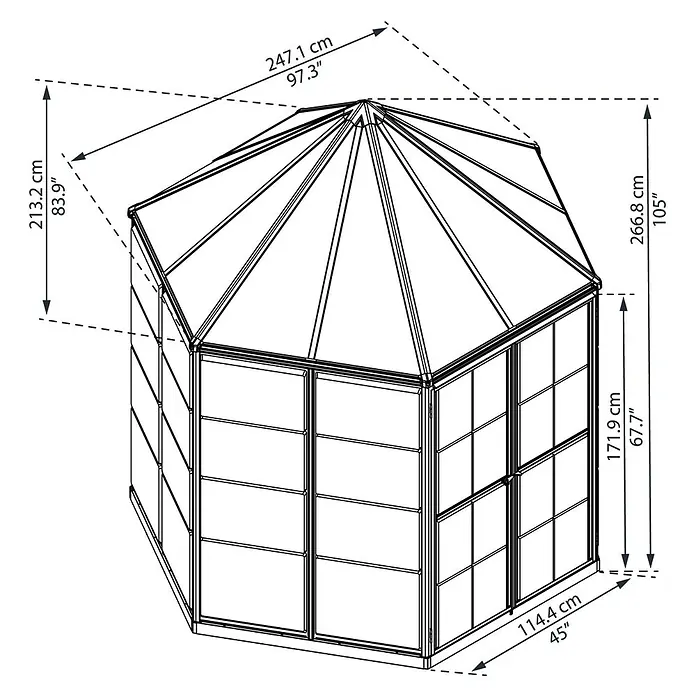 Palram – Canopia Gewächshaus Oasis - Außenmaß inkl. Dachüberstand (B x T): 213,2 x 247,1 cm, 0,7 mm, Anthrazit - Illustration eines Gartenpavillons mit Maßangaben zu Höhe, Breite und Tiefe in Zentimetern und Zoll.