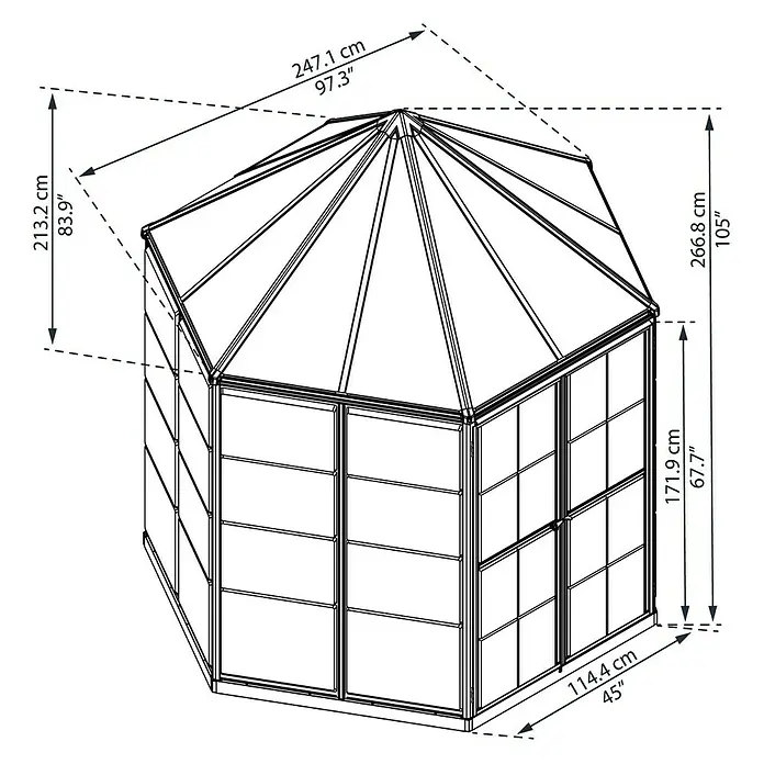 Palram – Canopia Gewächshaus Oasis - Außenmaß inkl. Dachüberstand (B x T): 213,2 x 247,1 cm, 0,7 mm, Anthrazit - Illustration eines Gartenpavillons mit Maßangaben zu Höhe, Breite und Tiefe in Zentimetern und Zoll.