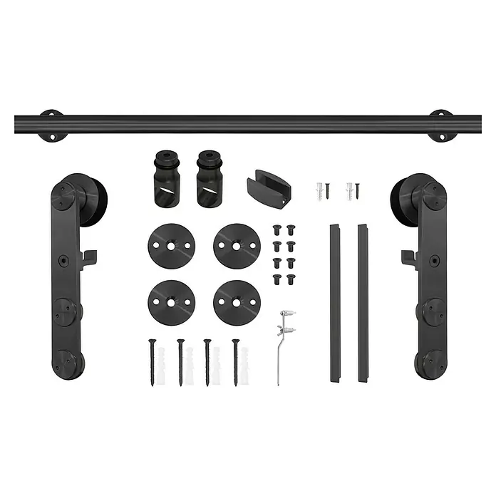 Puerta corredera de vidrio con herrajes Yumei - 95 x 210 cm, Vidrio templado, Herraje tubular - La imagen muestra un kit de herrajes para puerta corredera de vidrio con acabado negro, incluyendo rieles, rodillos y fijaciones.