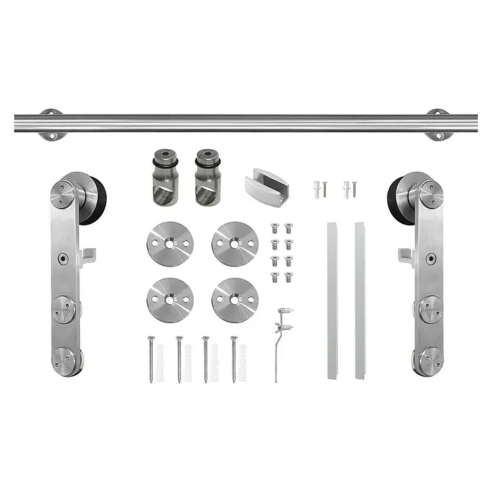 Puerta corredera de vidrio con herrajes Saiko - 85 x 210 cm, Vidrio templado, Herraje tubular - Imagen de un kit de herrajes para puerta corredera de vidrio de acero inoxidable.