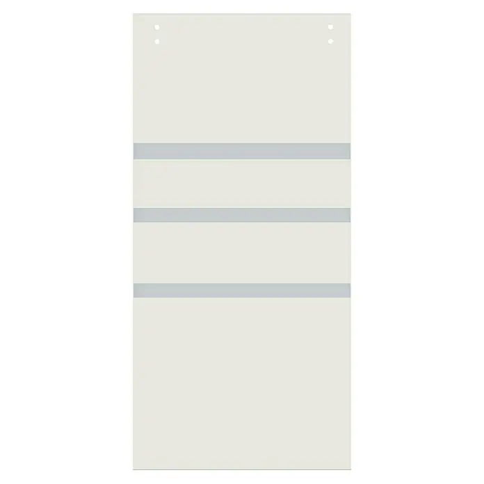 Puerta corredera de vidrio con herrajes Saiko - 85 x 210 cm, Vidrio templado, Herraje plano - Vista de un estante vacío con tres estantes grises y un fondo crema, ideal para la presentación de productos.