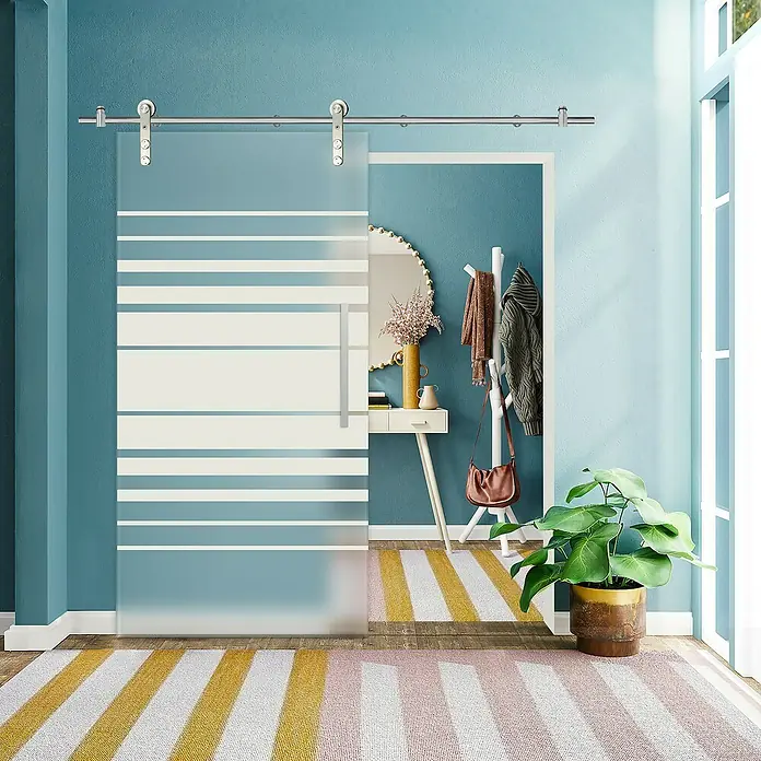 Puerta corredera de vidrio con herrajes Naoko - 75 x 210 cm, Vidrio templado, Herraje tubular - Elegante puerta corredera de cristal con rayas. Perfecta para dividir espacios creando un ambiente moderno y luminoso.