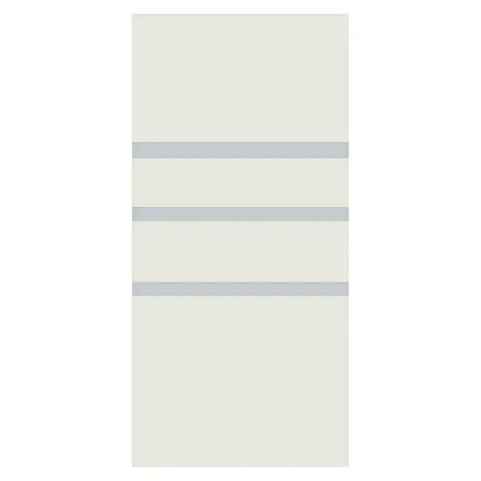Puerta corredera de vidrio con herrajes Saiko - 75 x 210 cm, Vidrio templado, Herraje oculto - Representación sencilla de una estantería con tres estantes grises sobre un fondo claro. El diseño minimalista destaca la funcionalidad.