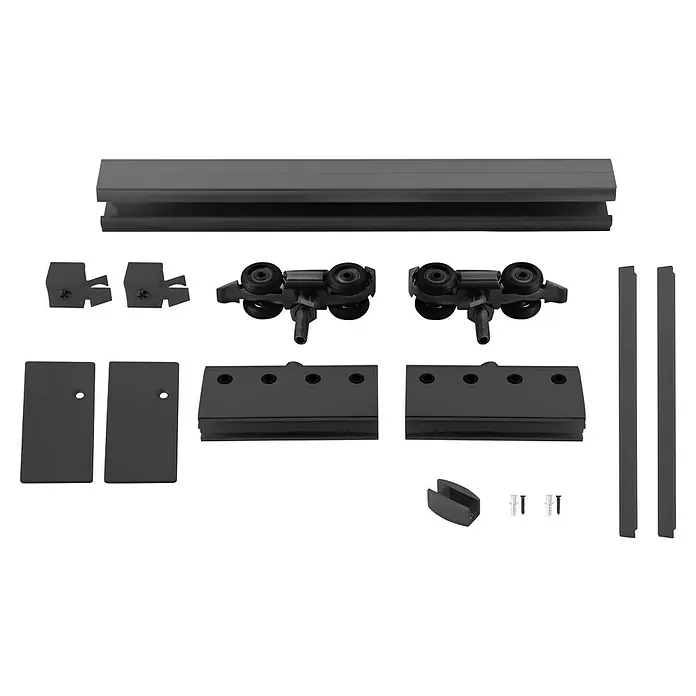 Puerta corredera de vidrio con herrajes Yumei - 95 x 210 cm, Vidrio templado, Herraje oculto - Varios componentes de un kit de herrajes para puertas correderas, incluyendo un riel, rodillos y elementos de montaje, se muestran en la imagen.