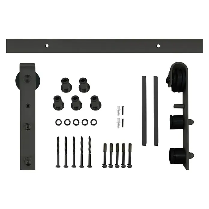 Puerta corredera de vidrio con herrajes Yumei - 75 x 210 cm, Vidrio templado, Herraje plano - La imagen muestra un conjunto de herrajes negros para puertas correderas de granero. Incluye rodillos, riel, tornillos y espaciadores para una fácil instalación.