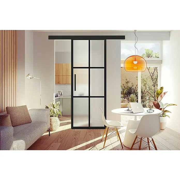 Puerta corredera de vidrio Raiden - 75 x 210 cm, Vidrio templado, Guía oculta - Elegante puerta corredera con marco negro y vidrio esmerilado. Crea una separación moderna de espacios, garantizando privacidad y ambiente elegante.