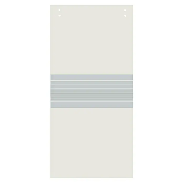 Puerta corredera de vidrio con herrajes Akiro - 75 x 210 cm, Vidrio templado, Herraje tubular - Una cortina gris clara con rayas horizontales filtra la luz suavemente, creando un ambiente sereno.