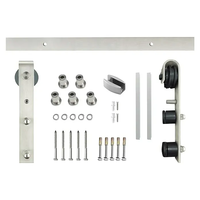Puerta corredera de vidrio con herrajes Saiko - 85 x 210 cm, Vidrio templado, Herraje plano - Kit completo de herrajes para puerta corredera de granero con riel metálico, colgadores de rodillos y accesorios de montaje.