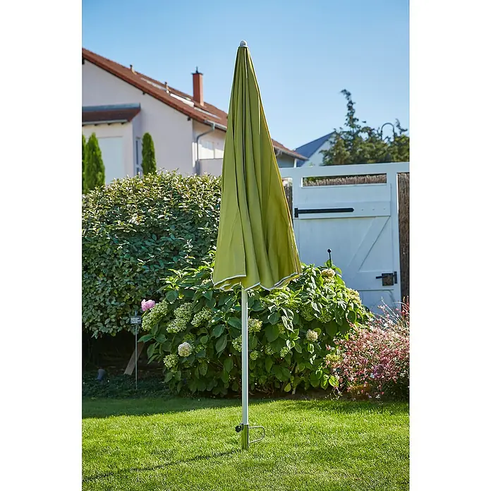 Sunfun Rasendorn - Für Rohrdurchmesser: 22 mm - 35 mm, Stahl - Geschlossener, olivgrüner Sonnenschirm mit weißem Rand im Garten, perfekt für den Sonnenschutz und entspannte Stunden im Freien.