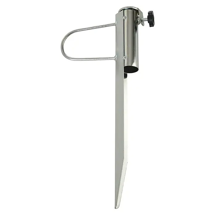 Sunfun Rasendorn - Für Rohrdurchmesser: 22 mm - 35 mm, Stahl - Detailaufnahme einer glänzenden, silberfarbenen Sonnenschirm-Erdanker zur sicheren Befestigung im Boden, ideal für Strand und Garten.