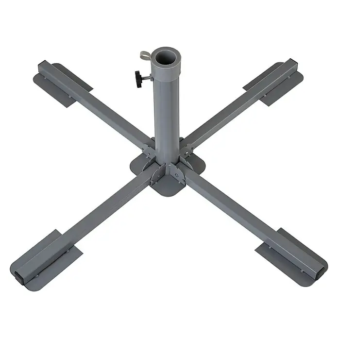 Sunfun Plattenständer - Für Rohrdurchmesser: 32 mm - 48 mm, Stahl - Bild eines grauen Sonnenschirmständers mit vier Beinen und einer zentralen Halterung, ideal für Außenbereiche.