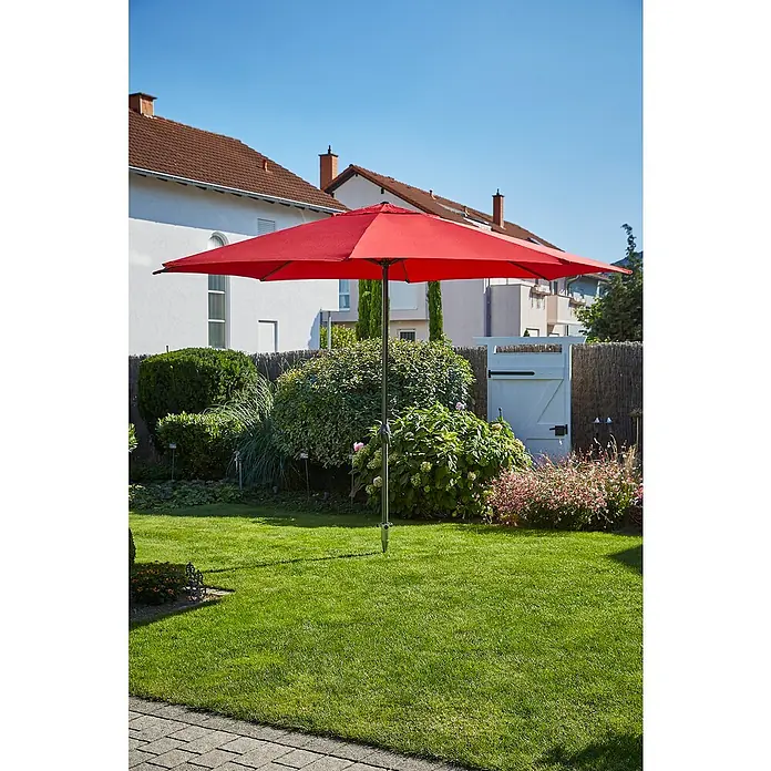 Sunfun Einschraub-Bodendübel - Ø x L: 6,5 x 51 cm, Stahl, Für Rohrdurchmesser: 38 mm - 58 mm - Roter Sonnenschirm im Garten. Der große, leuchtend rote Sonnenschirm bietet optimalen Schutz vor der Sonne an warmen Tagen im Freien.
