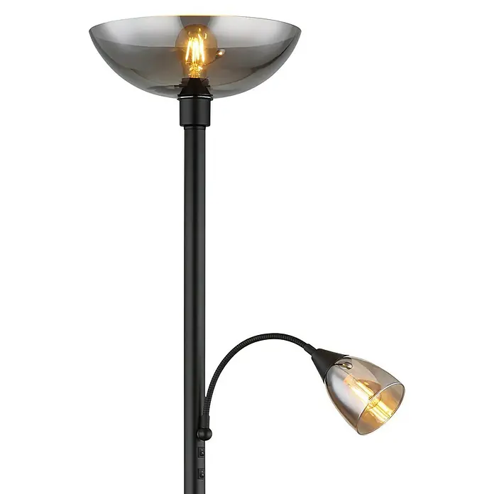 Globo Stehleuchte Blade - Höhe: 178 cm, Schwarz, Rauchglas, Lampenfassung: E27 - Elegante Stehlampe in Schwarz mit zwei Lichtquellen, die ein warmes, einladendes Ambiente erzeugen. Perfekt für stilvolle Wohnräume.