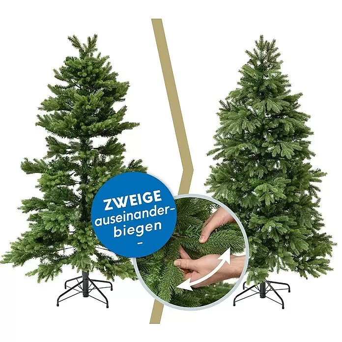 Künstlicher Weihnachtsbaum Roswell - Höhe: 210 cm, Grün, Standfuß - Grüner künstlicher Weihnachtsbaum vor und nach dem Aufbiegen, Hände zeigen das Auseinanderbiegen der Zweige.