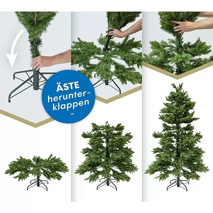 Künstlicher Weihnachtsbaum Roswell - Höhe: 210 cm, Grün, Standfuß - Künstlicher Weihnachtsbaum, Montage. Äste herunterklappen zum Entfalten des Baumes.
