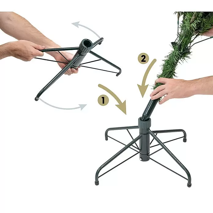 Künstlicher Weihnachtsbaum Roswell - Höhe: 210 cm, Grün, Standfuß - Grüner Metall-Weihnachtsbaumständer wird montiert. Eine Weihnachtsbaumstange wird in den zusammengebauten Ständer eingesetzt.