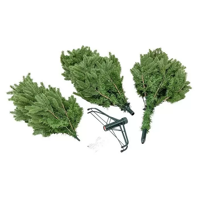 Künstlicher Weihnachtsbaum Roswell - Höhe: 210 cm, Grün, Standfuß - Drei grüne künstliche Weihnachtsbaumteile, ein schwarzer Metallständer und eine Anleitung zur Montage.