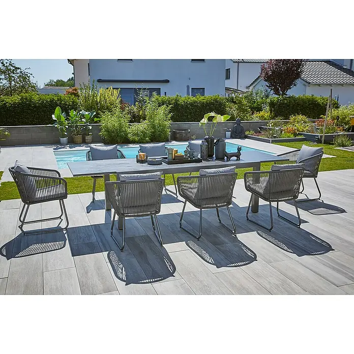 Sunfun Maja Gartenmöbel-Set Stone - 9 -tlg., Sintered Stone/Aluminium/Stahl/Kunststofffaser-Schnüre, Tischplatte ausziehbar, Anthrazit/Grau - Moderne Gartensitzgruppe mit grauem Tisch und sechs Stühlen mit Seilbespannung, ideal für stilvolle Außenbereiche und entspannte Stunden im Freien.