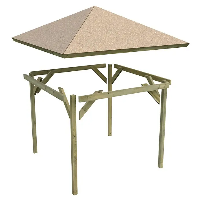 Karibu Pavillon Cordoba Set - 357 x 357 cm, Schwarz, Natur - Bausatz für einen quadratischen Pavillon mit Holzrahmen und einem beigefarbenen, pyramidenförmigen Dach zum Selbstaufbau im Garten.