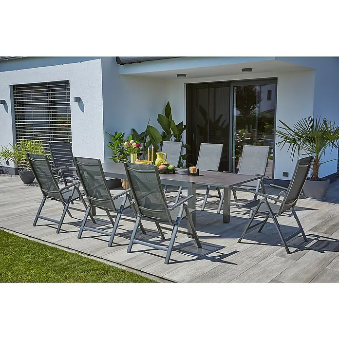 Sunfun Maja Gartenmöbel-Set Stone - 9 -tlg., Sintered Stone, Aluminium, Textilene, Night-Grey - Elegante Gartentischgruppe mit grauem Tisch und passenden Stühlen. Perfekt für stilvolle Mahlzeiten im Freien und gesellige Stunden im Garten.