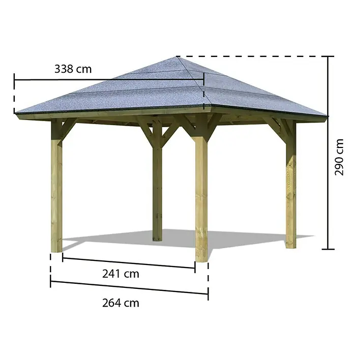 Karibu Pavillon Bergen 1 - 338 x 338 cm, Schiefergrau, Natur - Abbildung eines sechseckigen Pavillons mit Maßangaben.