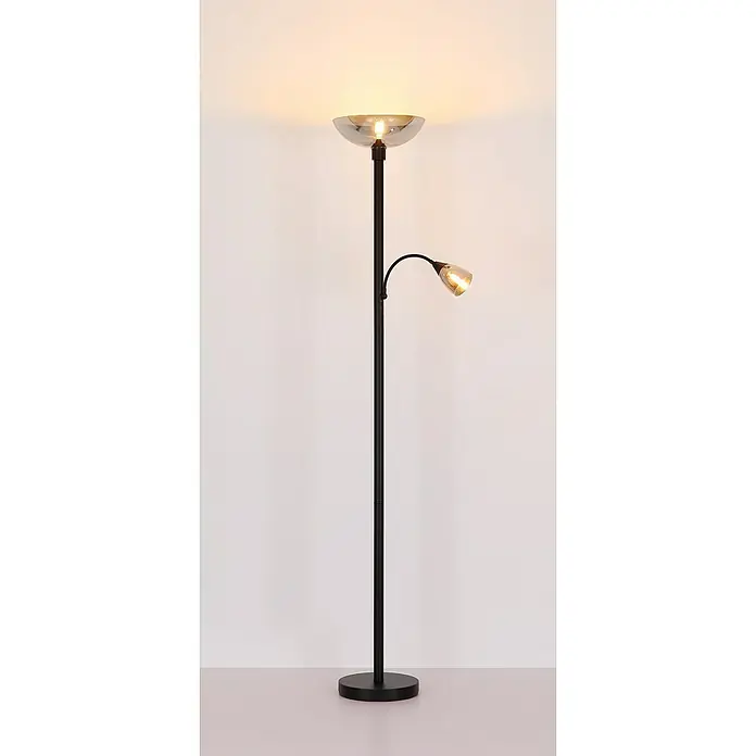 Globo Stehleuchte Blade - Höhe: 178 cm, Schwarz, Rauchglas, Lampenfassung: E27 - Elegante Stehlampe in Schwarz mit zwei Lichtquellen, die eine gemütliche Atmosphäre erzeugt. Modernes Design für Wohn- und Arbeitsbereiche.