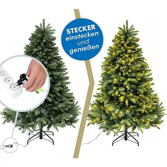 Künstlicher Weihnachtsbaum Roswell - Höhe: 150 cm, Grün, LED-Beleuchtung - Vorbeleuchteter künstlicher Weihnachtsbaum, unbeleuchtet und mit warmweißen Lichtern, einfachem Anschließen.