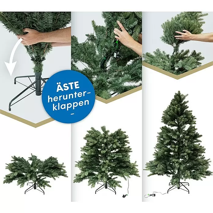 Künstlicher Weihnachtsbaum Roswell - Höhe: 150 cm, Grün, LED-Beleuchtung - Montageanleitung für einen grünen künstlichen Weihnachtsbaum: Abschnitte eingesetzt, Äste heruntergeklappt für volle Form.