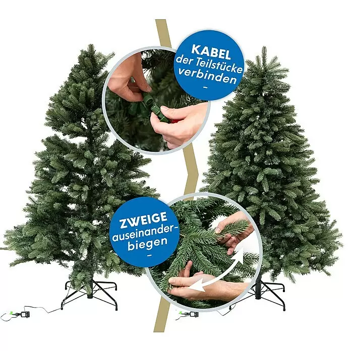 Künstlicher Weihnachtsbaum Roswell - Höhe: 150 cm, Grün, LED-Beleuchtung - Anleitung zum Aufbau eines künstlichen grünen Weihnachtsbaums, mit Kabelverbindung und Biegen der Zweige für volles Aussehen.