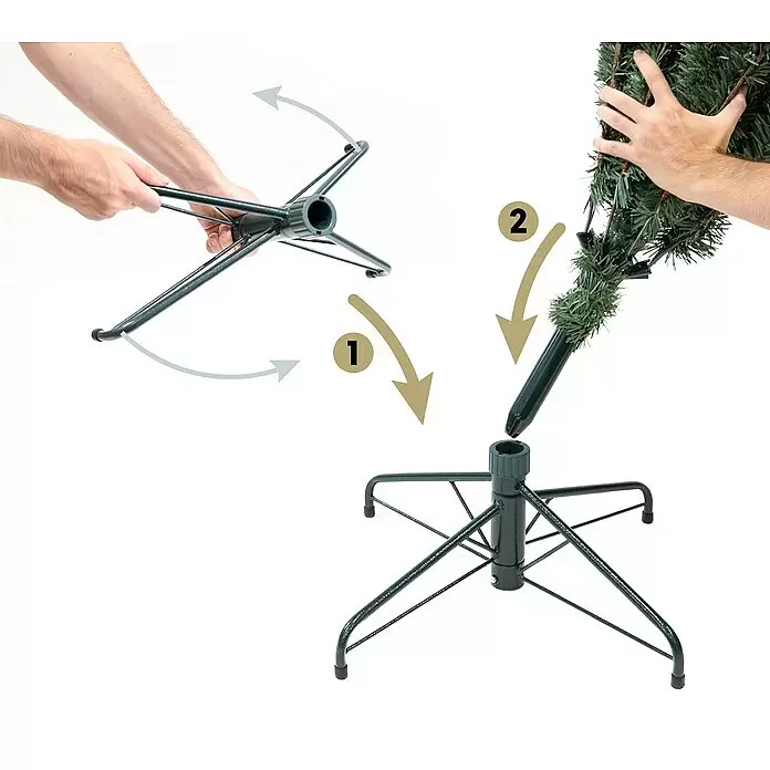 Künstlicher Weihnachtsbaum Roswell - Höhe: 150 cm, Grün, LED-Beleuchtung - Montage eines dunkelgrünen Metallständers für künstliche Weihnachtsbäume, Beine spreizen sich, Baumstamm wird eingesetzt.
