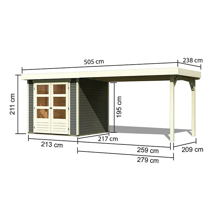 Karibu Gartenhaus Askola 2 - Außenmaß inkl. Dachüberstand (B x T): 504,5 x 238 cm, Holz, Terragrau, Mit Anbaudach - Ansicht des Gartenhauses mit den Maßen 211 cm Höhe, 505 cm Länge, 213 cm Breite, 238 cm Tiefe und einer Überdachung von 195 cm Höhe.