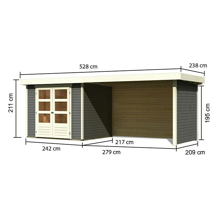 Karibu Gartenhaus Askola 3 (L x B: 217 x 497 cm, Wandstärke: 19 mm, Flachdach, Terragrau, Mit Anbau, Seiten- & Rückwand)