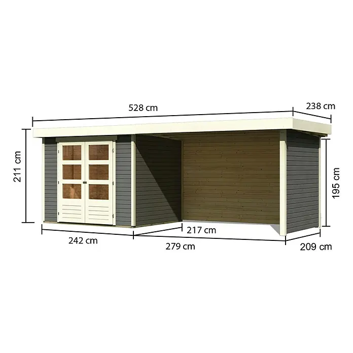 Karibu Gartenhaus Askola 3 - Außenmaß inkl. Dachüberstand (B x T): 528,5 x 238 cm, Holz, Terragrau, Mit Anbaudach, Rück- und Seitenwand - Abbildung eines Gartenhauses mit Abmessungen, die die Größe und Form des Hauses veranschaulichen.\n