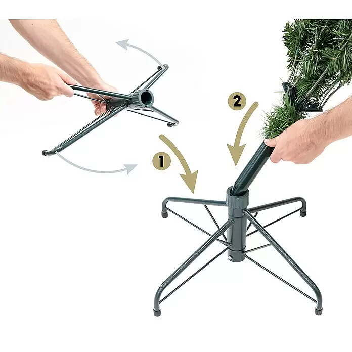 Künstlicher Weihnachtsbaum Mesa - Höhe: 210 cm, Grün, LED-Beleuchtung - Grüne Metall-Christbaumständer-Montage: Beine öffnen und Baumstamm einsetzen.